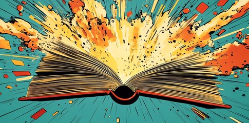 Open book with a bright burst of color and light radiating from its pages.