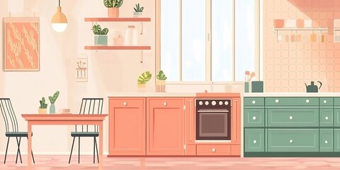 Abstract Marketing Background Featuring a Stylish Family Kitchen Interior with Dining Table, Cabinets, and Panoramic Windows, Enhanced with Design Elements, Perfect for AI-Generated Wallpaper and Digi