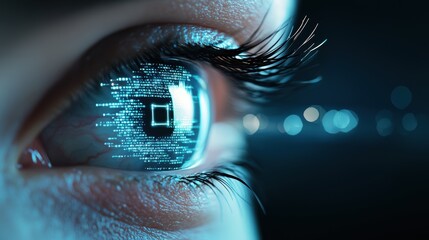 A digital screen displaying a close up of an eye, with data streams and algorithms overlayed, representing digital surveillance and data analysis.
