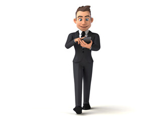 Obraz premium Fun 3D cartoon business man walking with a smartphone