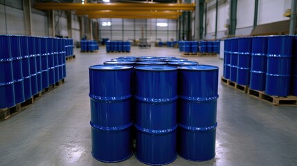 Industrial storage blue barrels warehouse high-volume inventory interior wide-angle view logistics management
