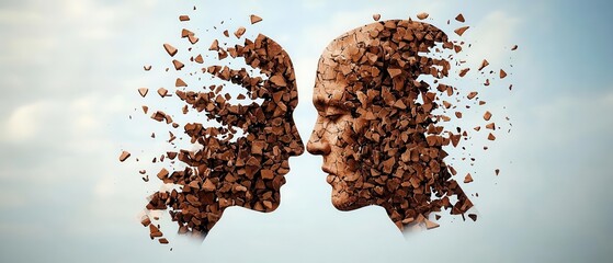 Abstract artwork depicting human faces merging and breaking apart in a surreal manner