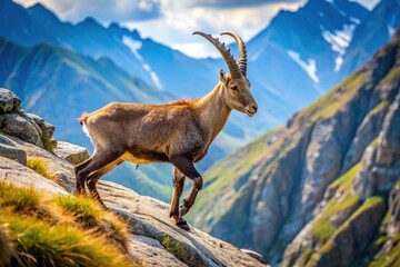 Fototapeta premium Panoramic alpine scene, a goat's perilous path.