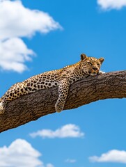 Obraz premium Leopard relaxing on a tree branch savanna wildlife photography sunny environment close-up view nature conservation
