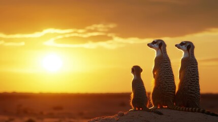 Naklejka premium A family of meerkats standing alert on a dusty savanna, with a dramatic sunset casting long shadows