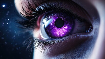 A glowing purple eye with a swirling galaxy pattern within the iris, suggesting magical powers, otherworldly beings, or the vastness of the cosmos.