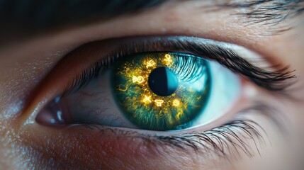 An eye with glowing runes or symbols embedded within the iris, suggesting ancient knowledge, hidden powers, or a connection to the supernatural.