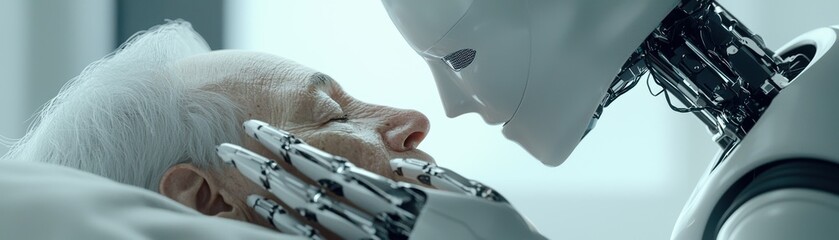 Obraz premium A humanoid robot delicately assisting an elderly person in a futuristic home setting, exuding warmth and efficiency