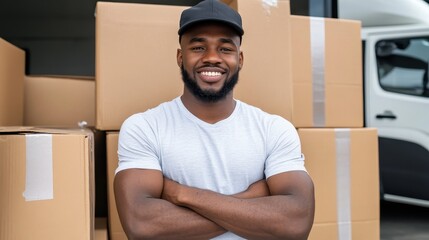 Moving day action smiling man with boxes urban setting candid capture positive vibes home relocation concept
