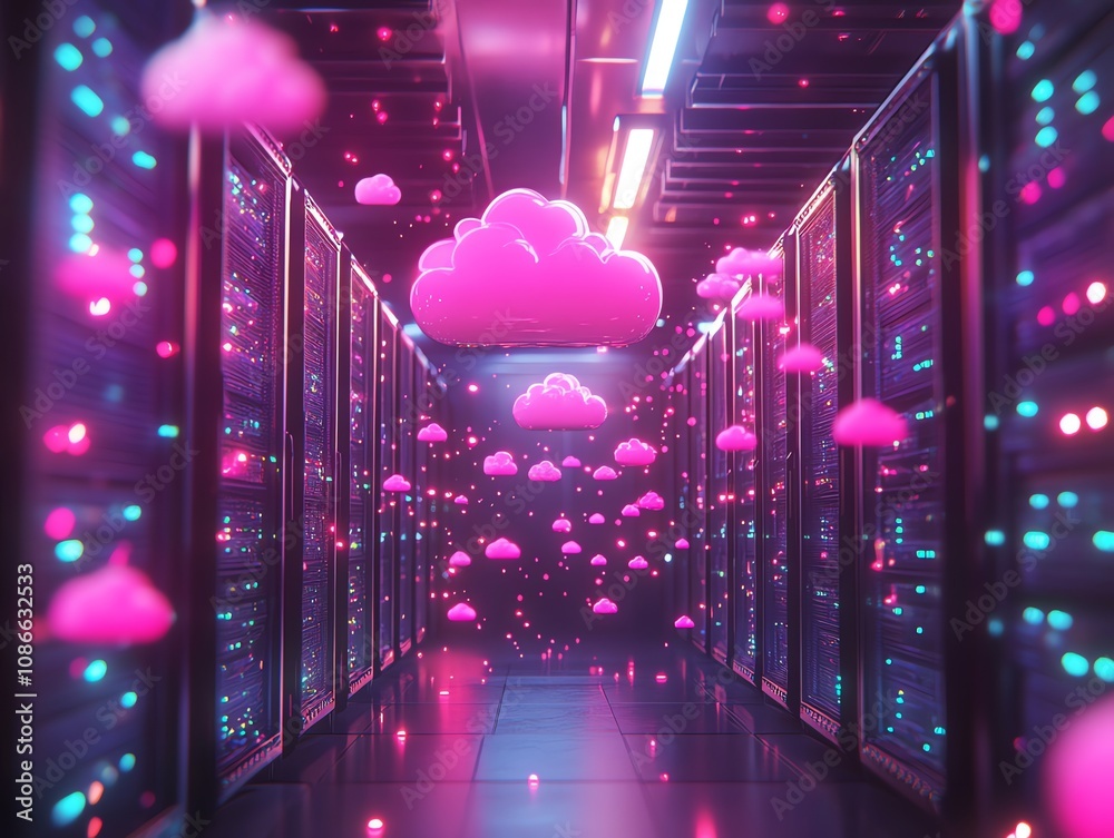Poster Pink glowing clouds above a server room with rows of servers.