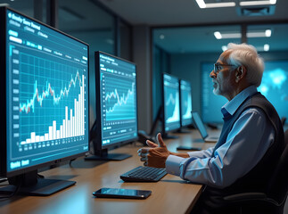 An elderly male teaches cryptocurrency investment using holograms in a futuristic classroom setting with advanced technology and data displays