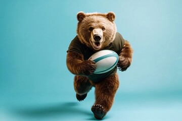 Ferocious Bear Charging Forward with Rugby Ball in Paws on Plain Background