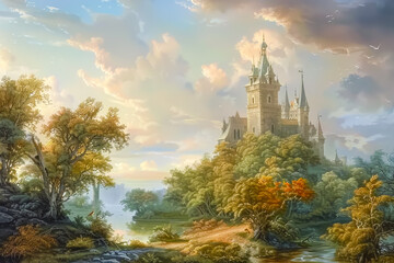 Enchanting fantasy artwork of a majestic castle surrounded by vibrant autumn trees, tranquil water, and a glowing sunset sky.