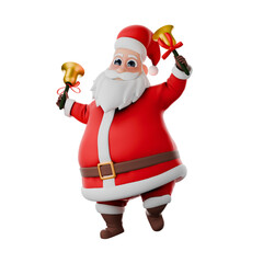Fat Santa Holiday Character. A Santa Claus man walks with a bell in both hands. 3D Cartoon Style