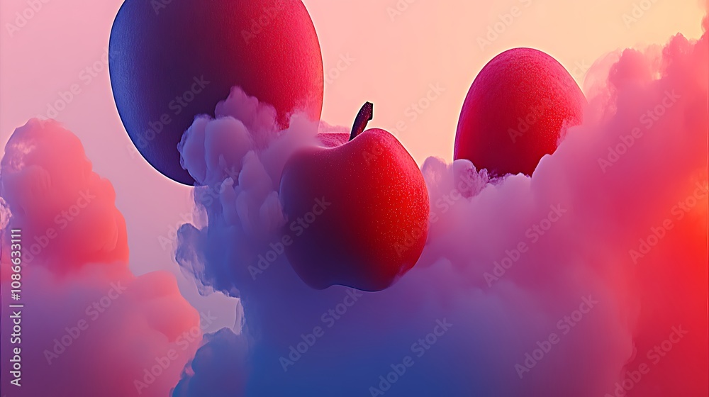 Wall mural A single red apple sits atop a fluffy, pink and blue cloud with two red spheres in the background.