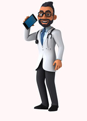 Fun 3D cartoon illustration of a fun indian doctor with alpha included