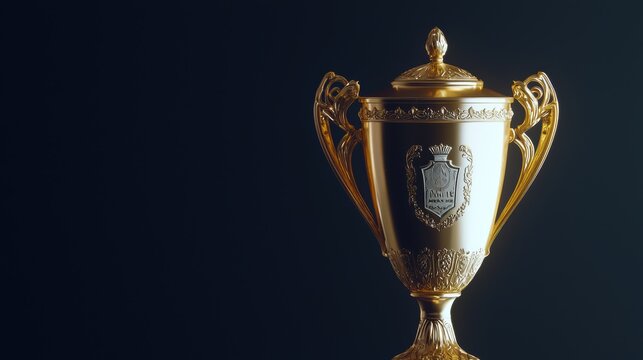 A trophy engraved with an elaborate crest and the name of the victor in bold, elegant type
