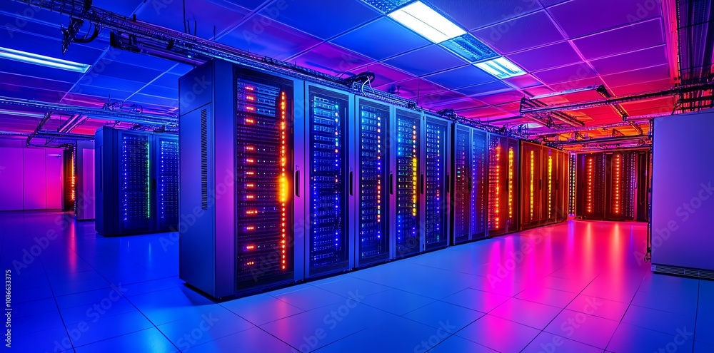 Poster Rows of brightly lit server racks in a modern data center.