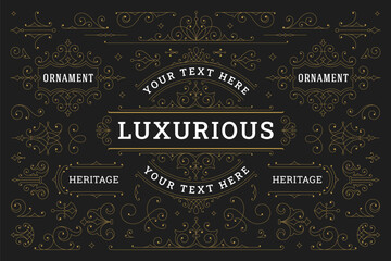 Royal flourishes swirl ornament corner divider logo design element set vector illustration. Luxury vintage scroll floral motif for text page decoration old style greeting card invitation and menu