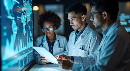 A diverse group of scientists examines holographic data on climate change, showcasing teamwork and innovation in a high-tech environment