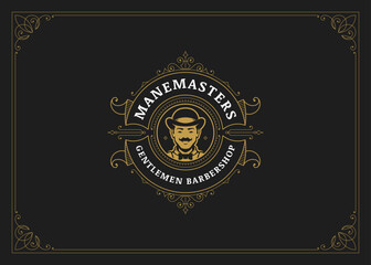 Classical filigree golden logo for barbershop with retro man portrait design template vector illustration. Luxury flourishes ornament emblem for male grooming service gentleman beard shaving hairstyle
