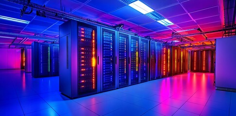 Rows of brightly lit server racks in a modern data center.