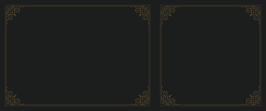 Royal vintage floral motif ornament golden frame with corner set vector illustration. Luxury antique swirl flourishes filigree border boundary decorative element for book cover design restaurant menu