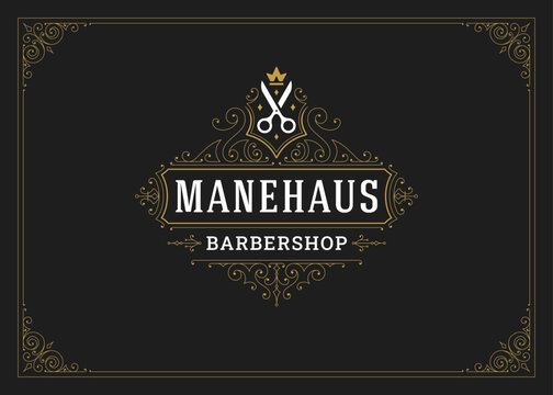 Royal classical Victorian ornament logo for barbershop with scissors design template vector illustration. Vintage flourishes filigree elegant golden emblem with crown for grooming service hairdresser