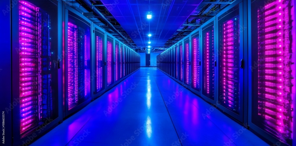 Poster rows of illuminated servers in a data center.