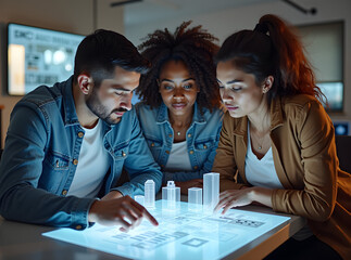 A team of startup founders collaborates enthusiastically over a holographic 3D business model, showcasing diverse ideas and teamwork in a modern workspace