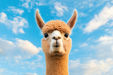 Obraz premium Curious alpaca close-up in pastoral setting nature photography blue sky background animal portrait tranquil environment