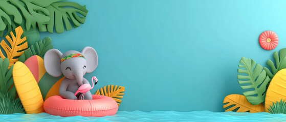 Obraz premium Playful elephant enjoying summer fun on a pool float tropical paradise digital illustration vibrant colors whimsical concept