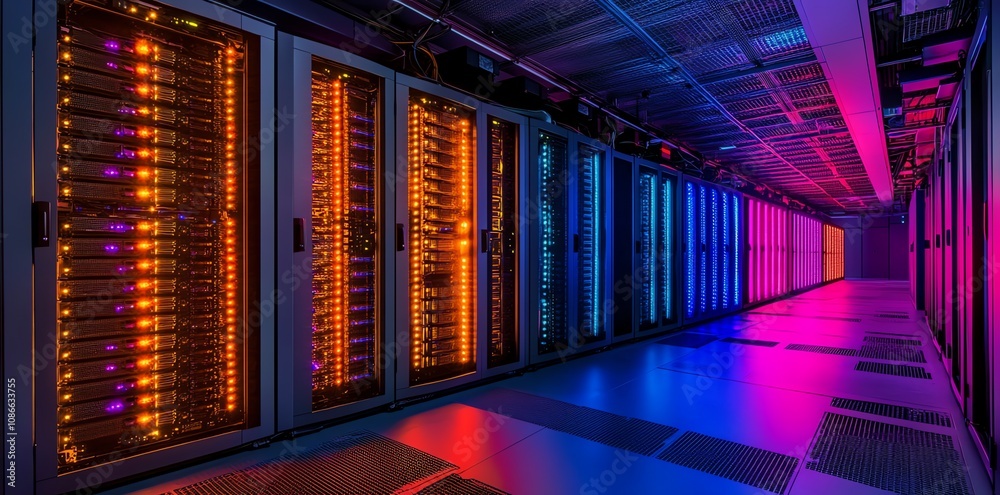 Poster Rows of server racks in a data center with neon lighting.
