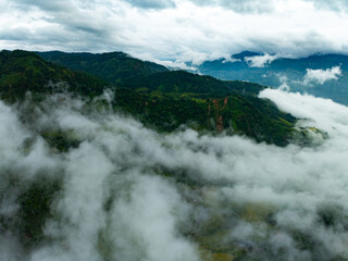 Drone aerial view of landscape mountains view in sunrise or sunset time,High angle view over countryside at northern Vietnam