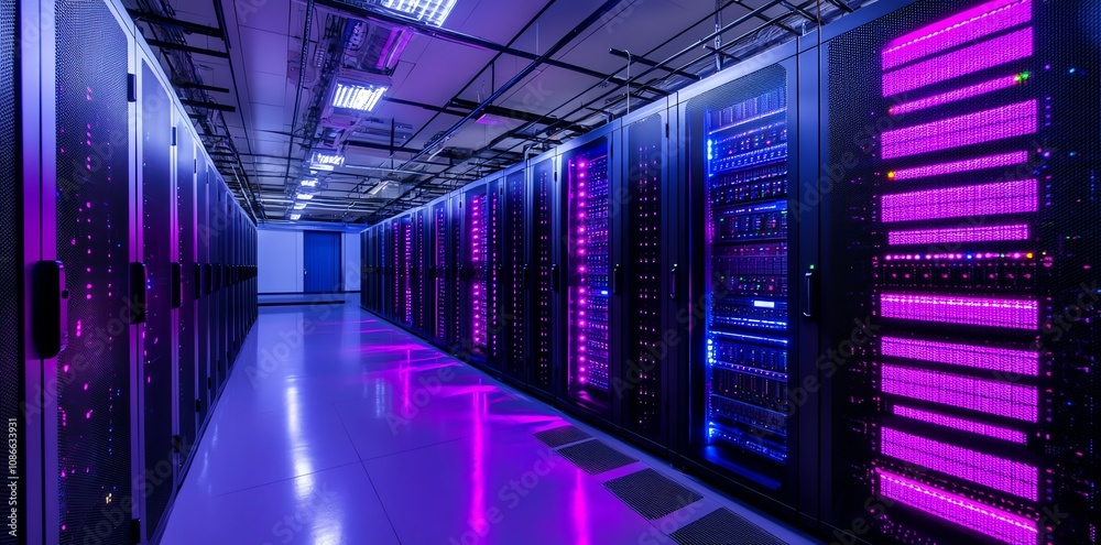 Poster server room with rows of racks in a dark room, illuminated by neon lights.
