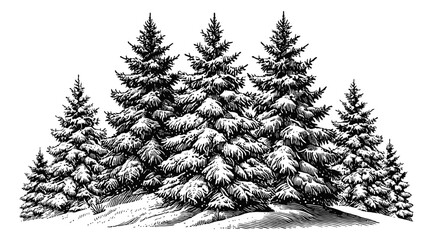 Fototapeta premium snow covered fir trees engraving black and white outline