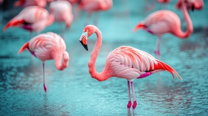 Obraz premium Pink Flamingos in a Blue Lagoon