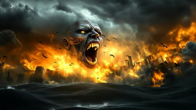 Massive demonic entity materializing in storm clouds over industrial harbor. Glowing orange eyes and flames contrast against dark thunderclouds. City lights reflect off choppy waters below. 