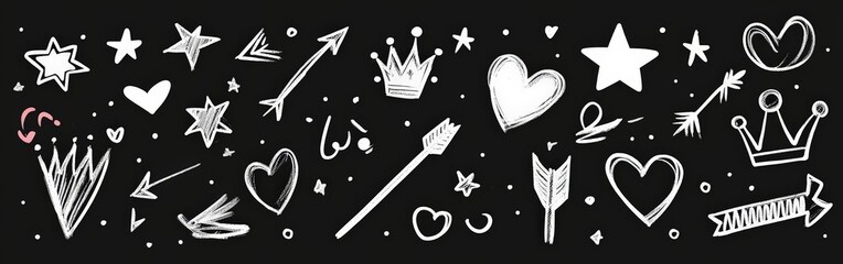 Chalk doodle set with colorful shapes, arrows, and icons