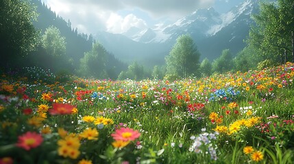 A vibrant field of wildflowers blooms in a mountain valley under a cloudy sky.