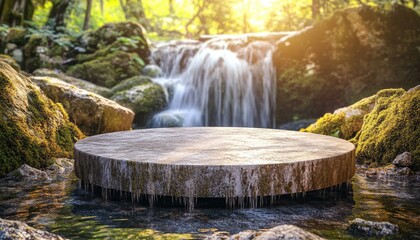 Obraz premium Tranquil Waterfall Scene with Stone Platform and Sparkling Water