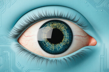 Futuristic eye technology concept digital art cyber environment close-up view innovation in visual perception
