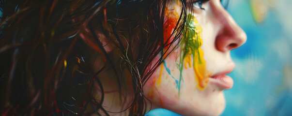 A young woman gazes thoughtfully as colorful paint drips down her cheek, reflecting her artistic expression in a dynamically lit studio atmosphere. Generative AI