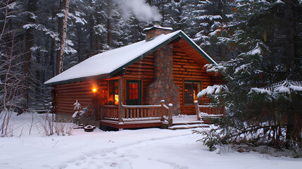 Cozy log cabin in snowy Canadian forest smoke rising from chimney warm light glowing copy space
