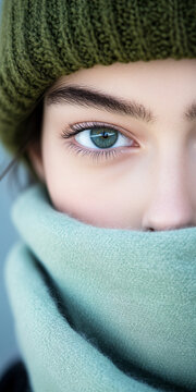 Vertical portrait of a pretty young woman in winter outfit wearing a wool scarf and a wooly hat of green colors matching her beautiful green eyes