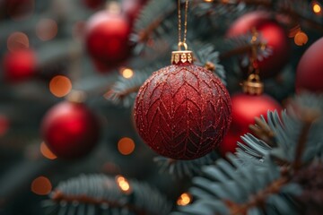 Red ornament toy ball from Christmas tree is lit up with lights