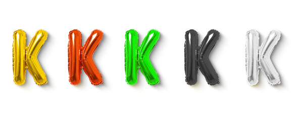 colorful balloon foils isolated on white background, set of letter K balloon foils, the shape of the Letter K balloon.	