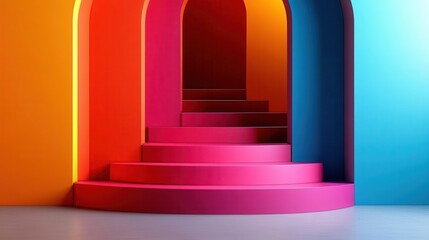 A vibrant, geometric staircase with colorful archways in shades of orange, pink, and blue, creating a modern and inviting atmosphere.