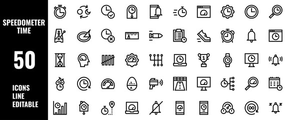 50 Speedometer and Time Icons Set Pack Line Editable Vector Illustration