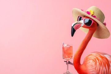 Fabulous Flamingo in Summer Party Mood with Beach Accessories and Cocktail Glass